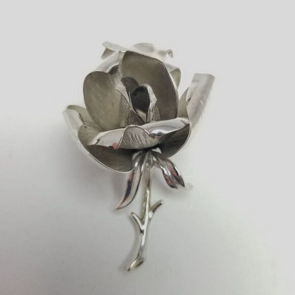 Vintage 3D Rose Shape Brooch, Silver Tone Setting Signed JP, Retro Unisex Estate - Picture 6 of 7